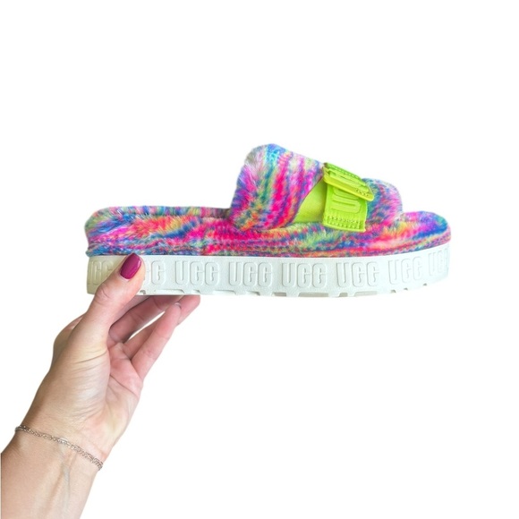 UGG Shoes - UGG Disco Slide Acid Wash Rainbow Fuzzy Sandals 8